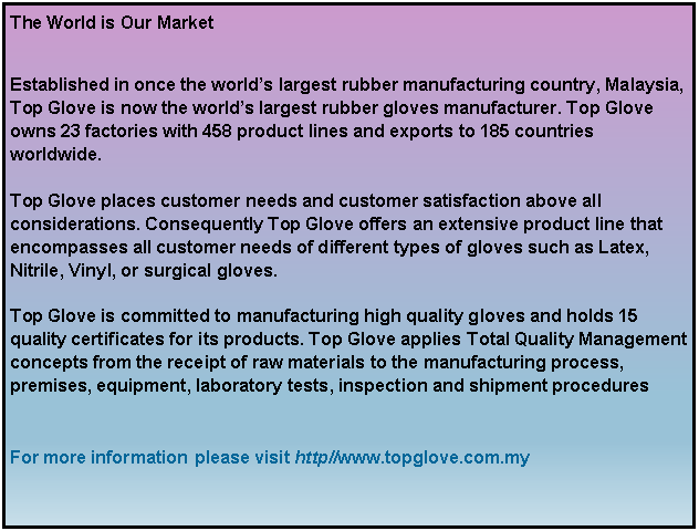 Text Box: The World is Our Market Established in once the worlds largest rubber manufacturing country, Malaysia, Top Glove is now the worlds largest rubber gloves manufacturer. Top Glove owns 23 factories with 458 product lines and exports to 185 countries worldwide. Top Glove places customer needs and customer satisfaction above all considerations. Consequently Top Glove offers an extensive product line that encompasses all customer needs of different types of gloves such as Latex, Nitrile, Vinyl, or surgical gloves. Top Glove is committed to manufacturing high quality gloves and holds 15 quality certificates for its products. Top Glove applies Total Quality Management concepts from the receipt of raw materials to the manufacturing process, premises, equipment, laboratory tests, inspection and shipment procedures   For more information #please visit http//www.topglove.com.my   